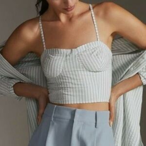 Anthropologie Striped Bustier Top, White and Green, Cropped, Thin Straps, Sz S